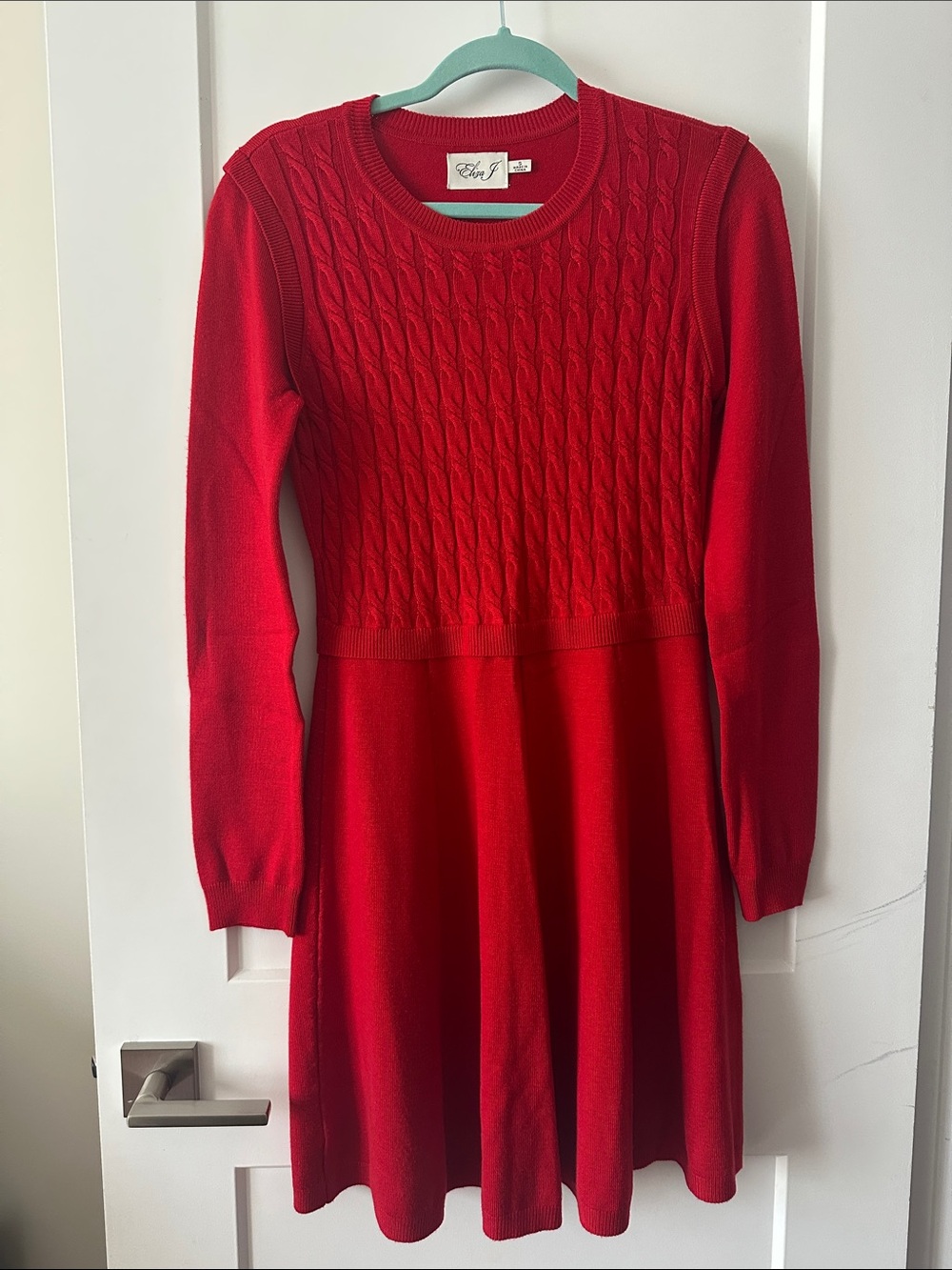 Cable-Knit Long Sleeve Dress - Red